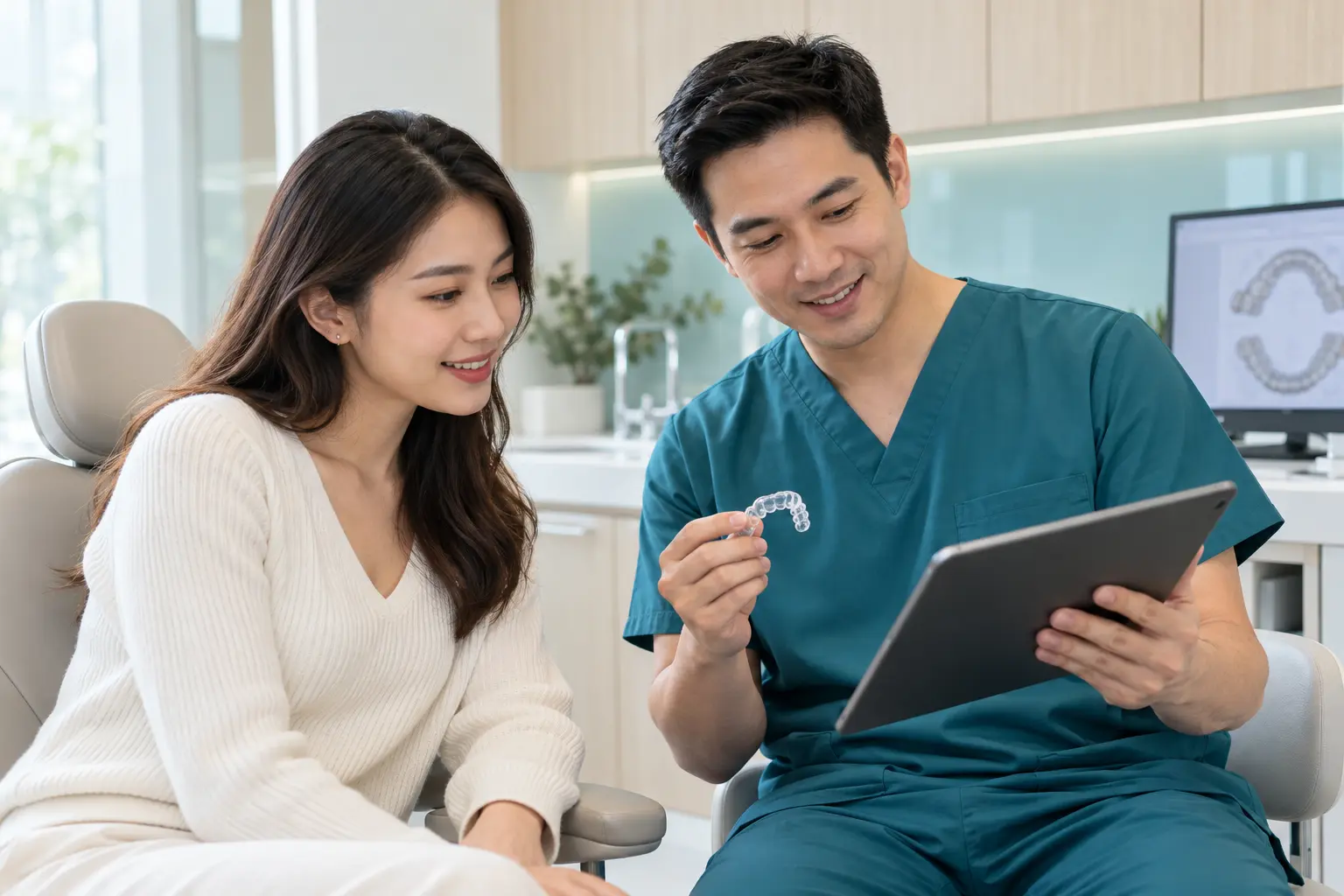 Dentist discussing a digital smile plan and clear aligner