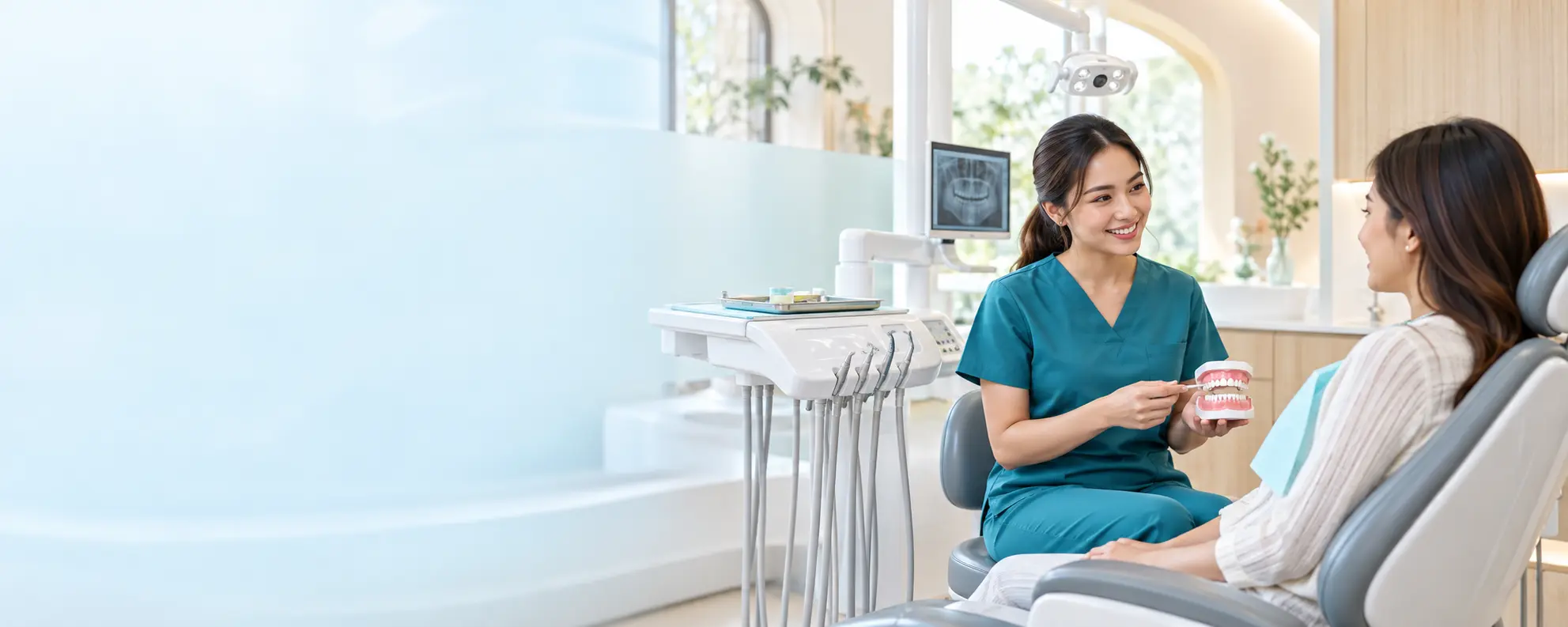 Dentist calmly discussing a patient's concern